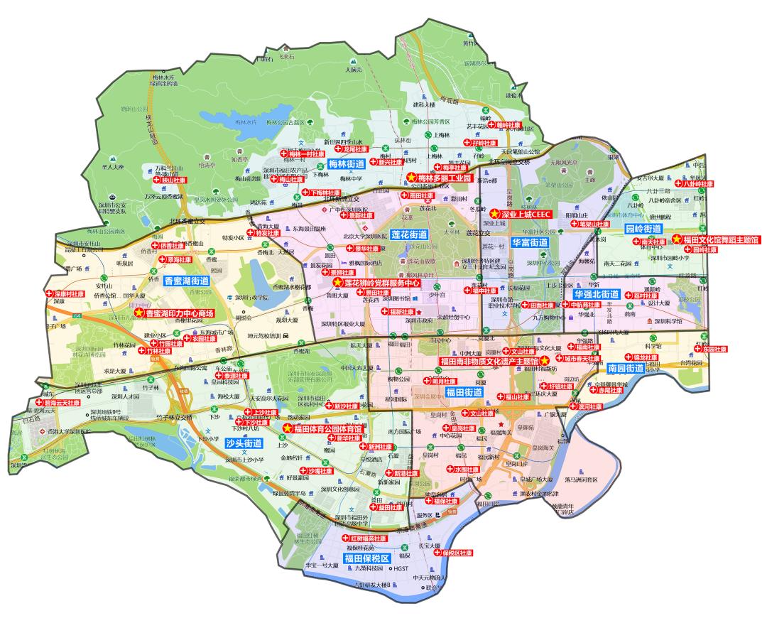 地图涵盖了福田区 63家新冠疫苗接种点的地理坐标.