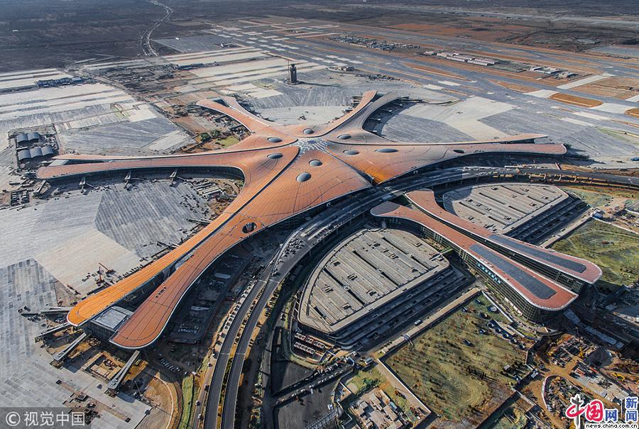 航拍北京大兴国际机场最新施工进度现代设计感十足